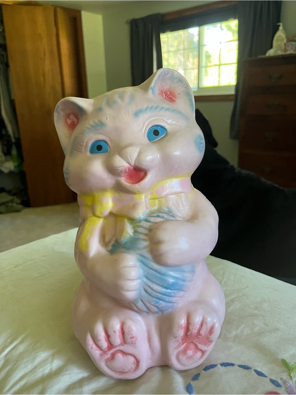 Vintage Pink Ceramic Kitten Bank with Blue Accents